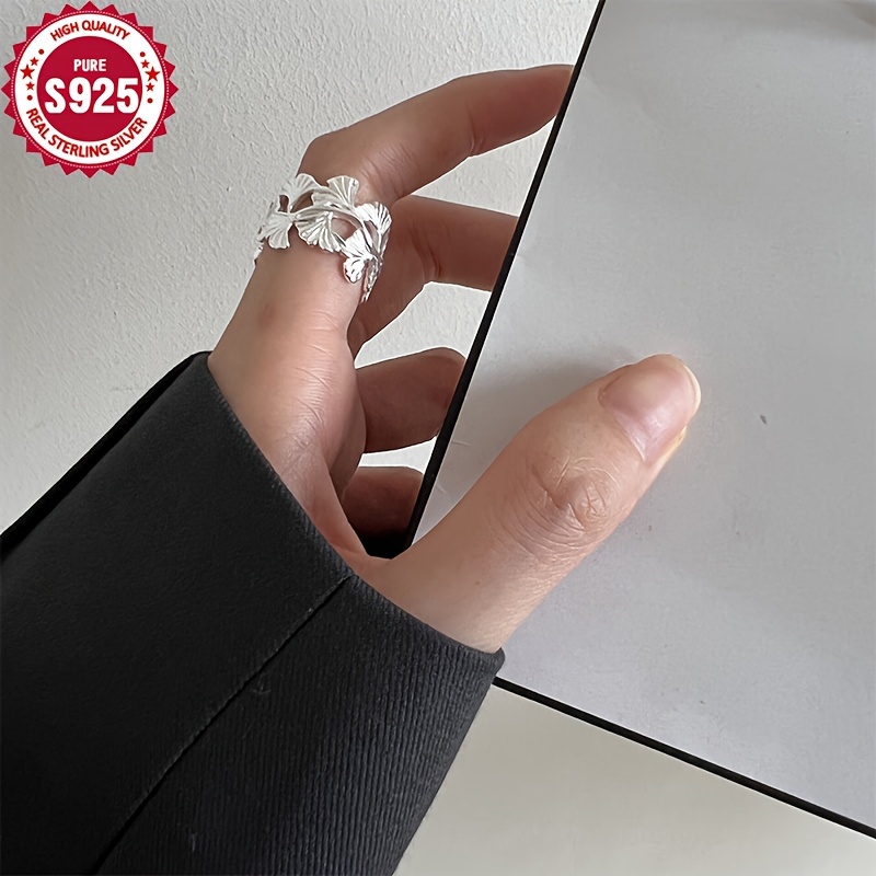 925 Silver Wide Ginkgo Leaf Ring Elegant Design
